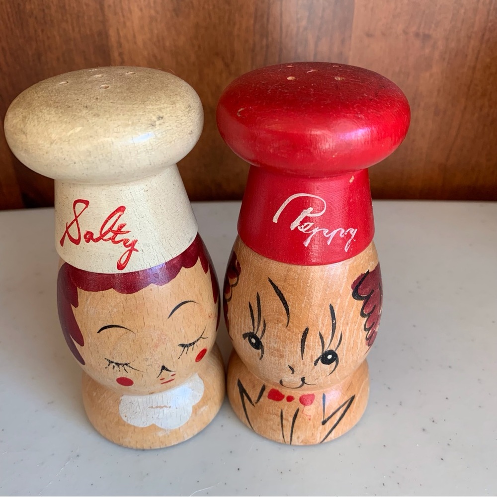 Vintage Westwoods Products “Salty” & “Peppy” Shakers All Wood Hand Painted 5”